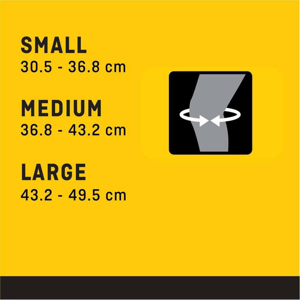 Größentabelle für Kniebandagen. Größen S, M, L. Maße in cm. Illustration eines Knies.