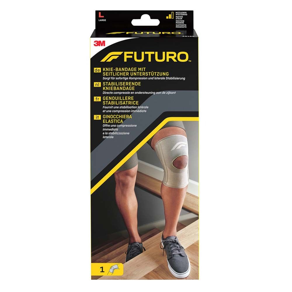 FUTURO™ Knie-Bandage mit seitlicher Unterstützung. Beige. Größe L. Verpackung zeigt Bein mit Bandage.
