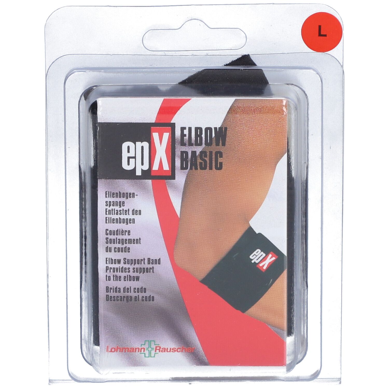 Elbogenbandage in Blisterverpackung. Aufdruck: epX ELBOW BASIC. Größe L. Hersteller: Lohmann & Rauscher. Schwarzes Band mit rotem Logo.