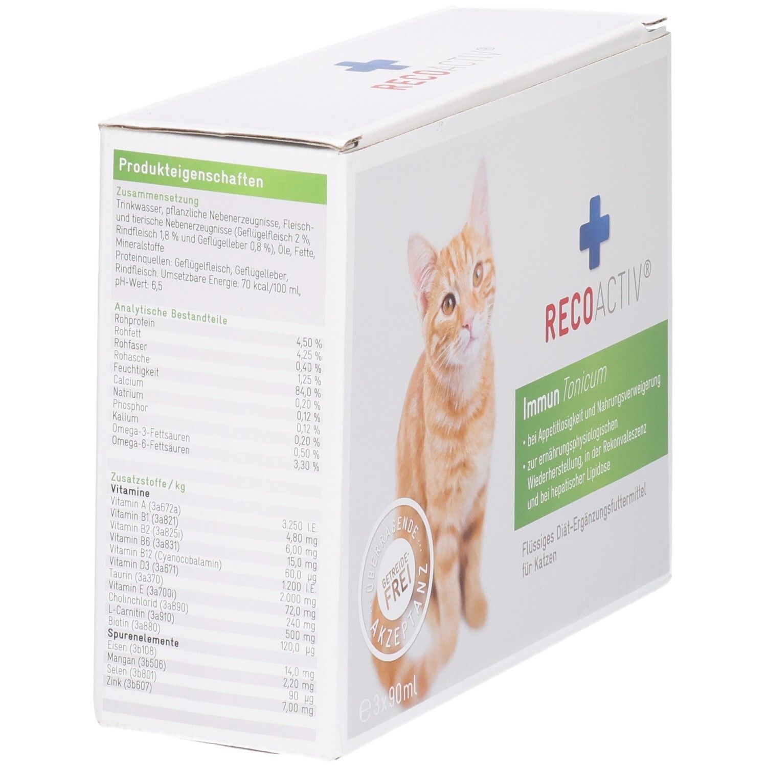 RECOACTIV Immun Tonicum Karton Rückseite mit Produktinformationen und Katze.