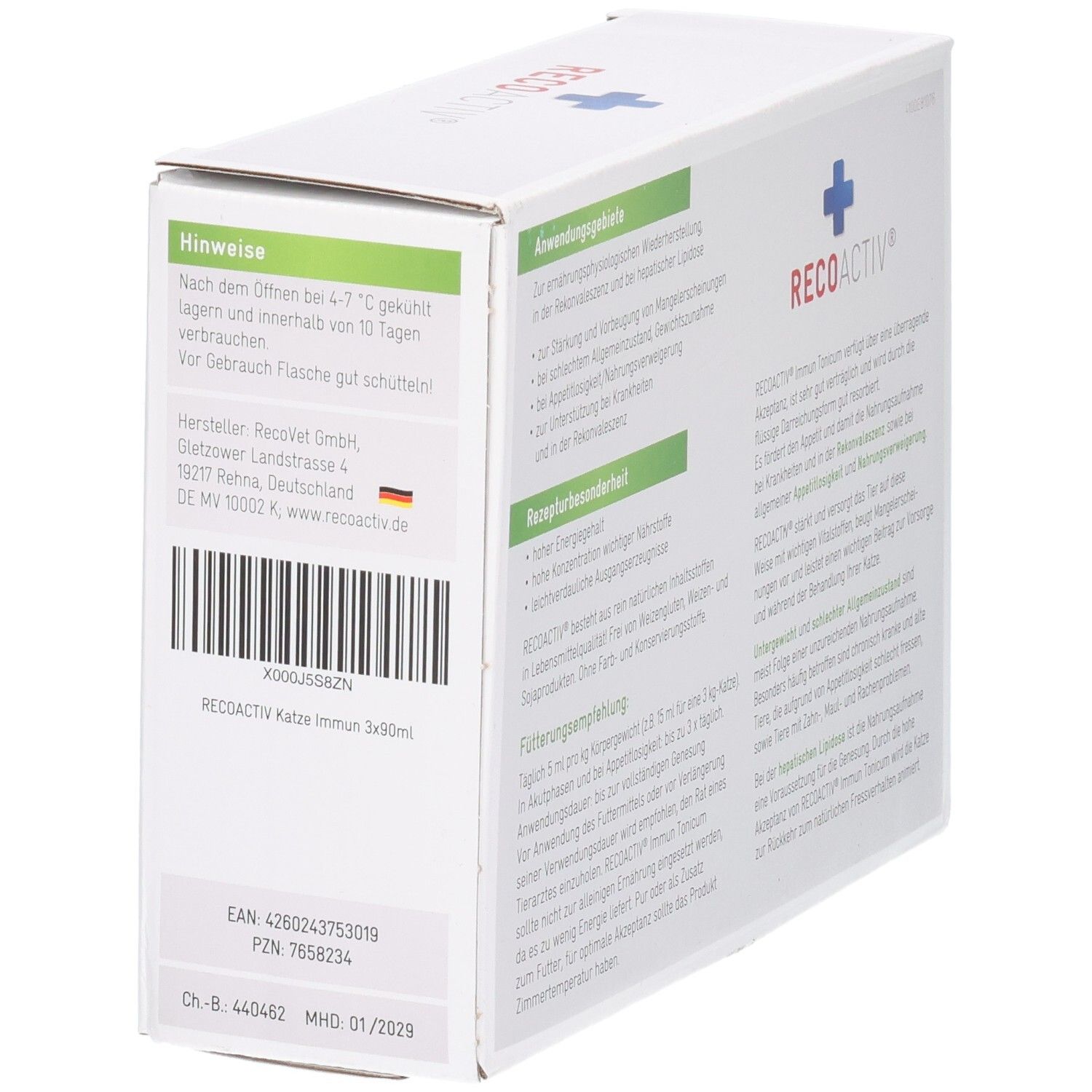 RECOACTIV Immun Tonicum Karton Seite mit Hinweisen, Hersteller und Barcode.