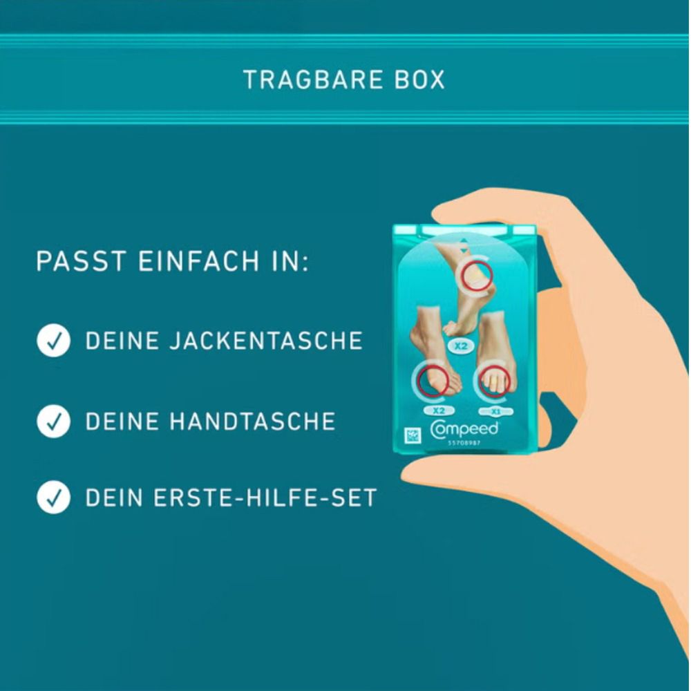 Hand hält Compeed® Blasenpflaster Mixpack. Text: Passt in Jackentasche, Handtasche, Erste-Hilfe-Set.