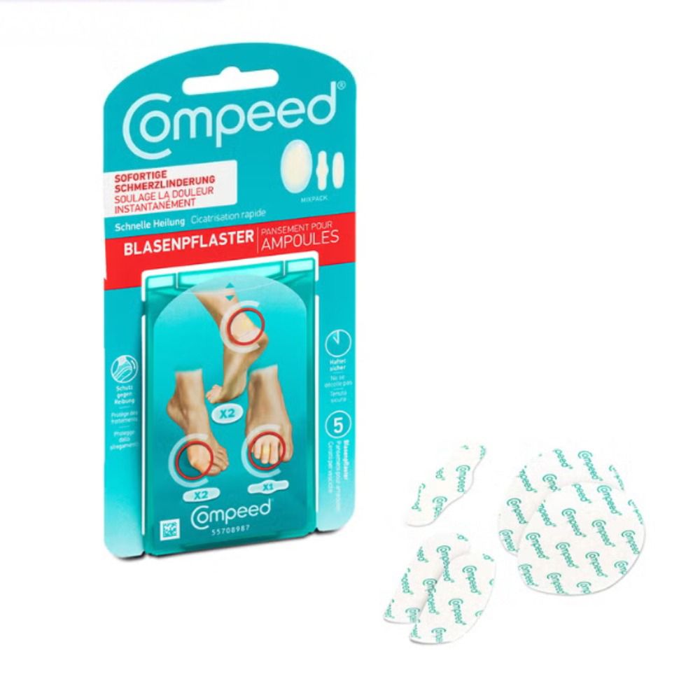 Compeed® Blasenpflaster Mixpack und einzelne Pflaster. Verpackung mit Pflastern. Aufdrucke: Sofortige Schmerzlinderung.