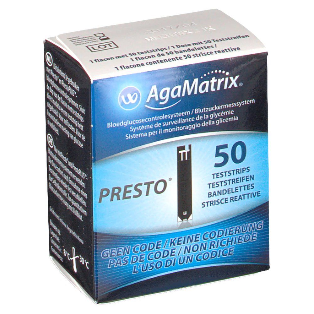 AgaMatrix PRESTO Teststreifen-Packung. Enthält 50 Teststreifen. Blaue und weiße Verpackung mit Produktnamen und Logo.