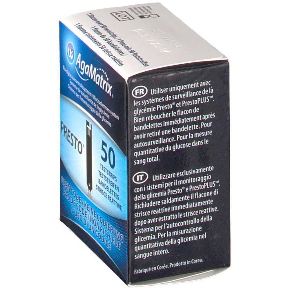 AgaMatrix PRESTO Teststreifen-Packung, Seitenansicht. Enthält 50 Teststreifen. Text in Deutsch, Französisch und Italienisch.
