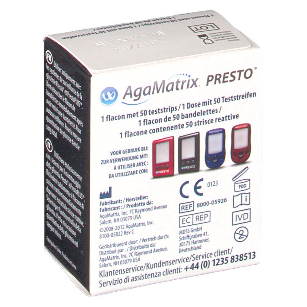 Rückseite der AgaMatrix PRESTO Teststreifen-Packung. Zeigt Produktinformationen, CE-Kennzeichnung und Herstellerdetails.