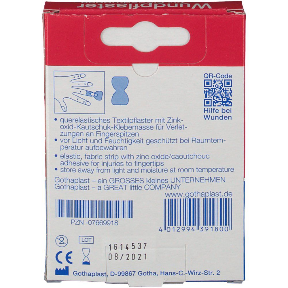 Verpackung von Gothaplast® Fingerkuppenpflaster. Rückseite mit Produktinformationen, QR-Code und CE-Kennzeichnung.