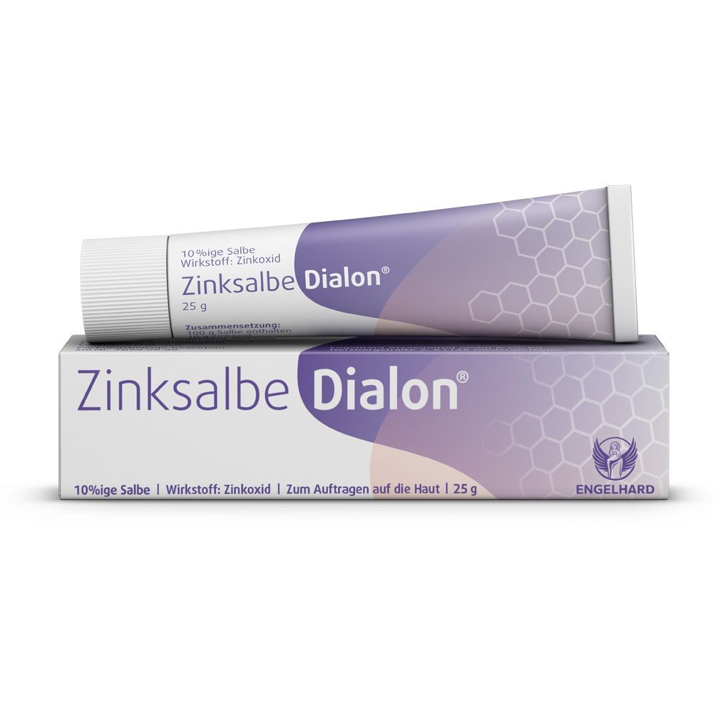 Zinksalbe Dialon®-Packung und Tube. Tube und Schachtel mit lila Akzenten. Text: Zinksalbe Dialon®, 25 g.