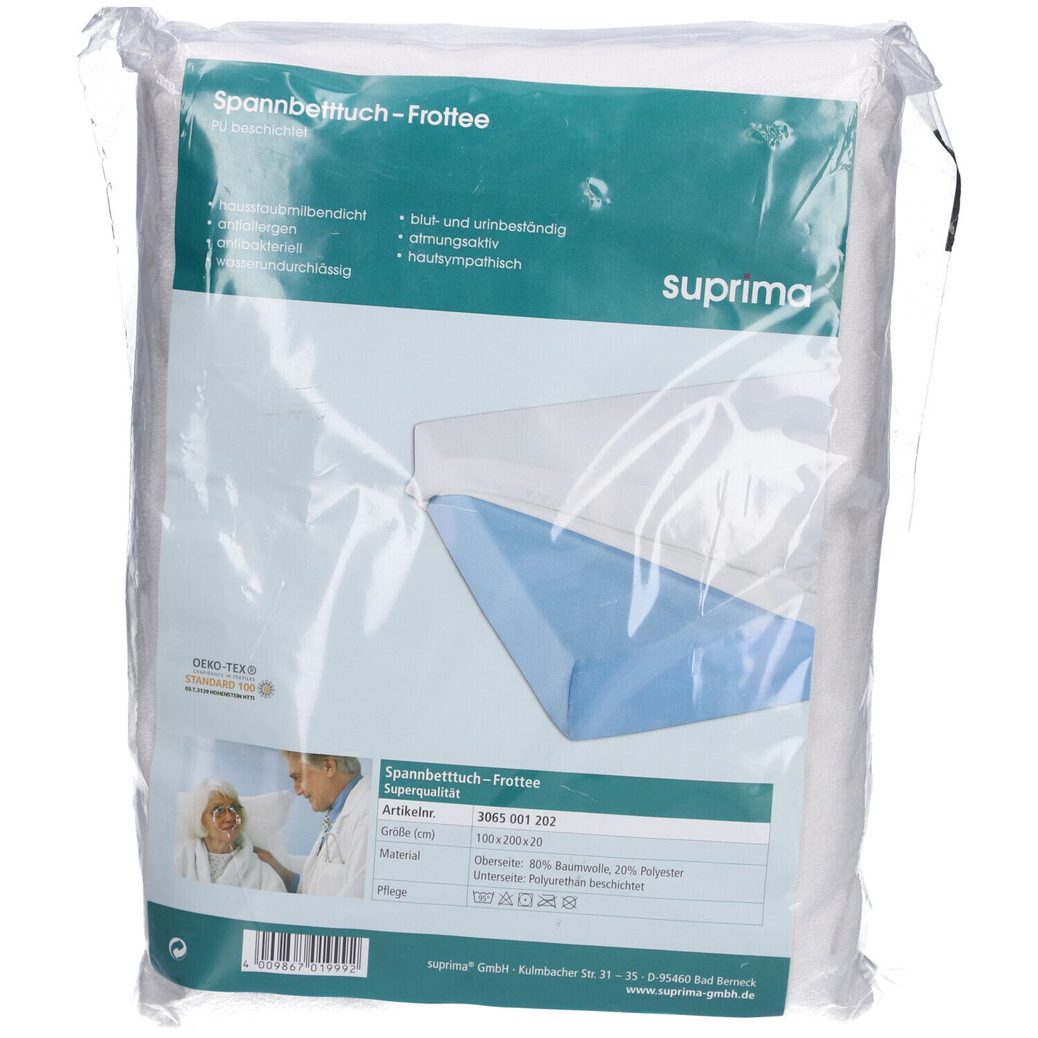 Weißes Spannbettlaken aus Frottee in Plastikverpackung. Marke Suprima. Text: Spannbetttuch-Frottee, OEKO-TEX.