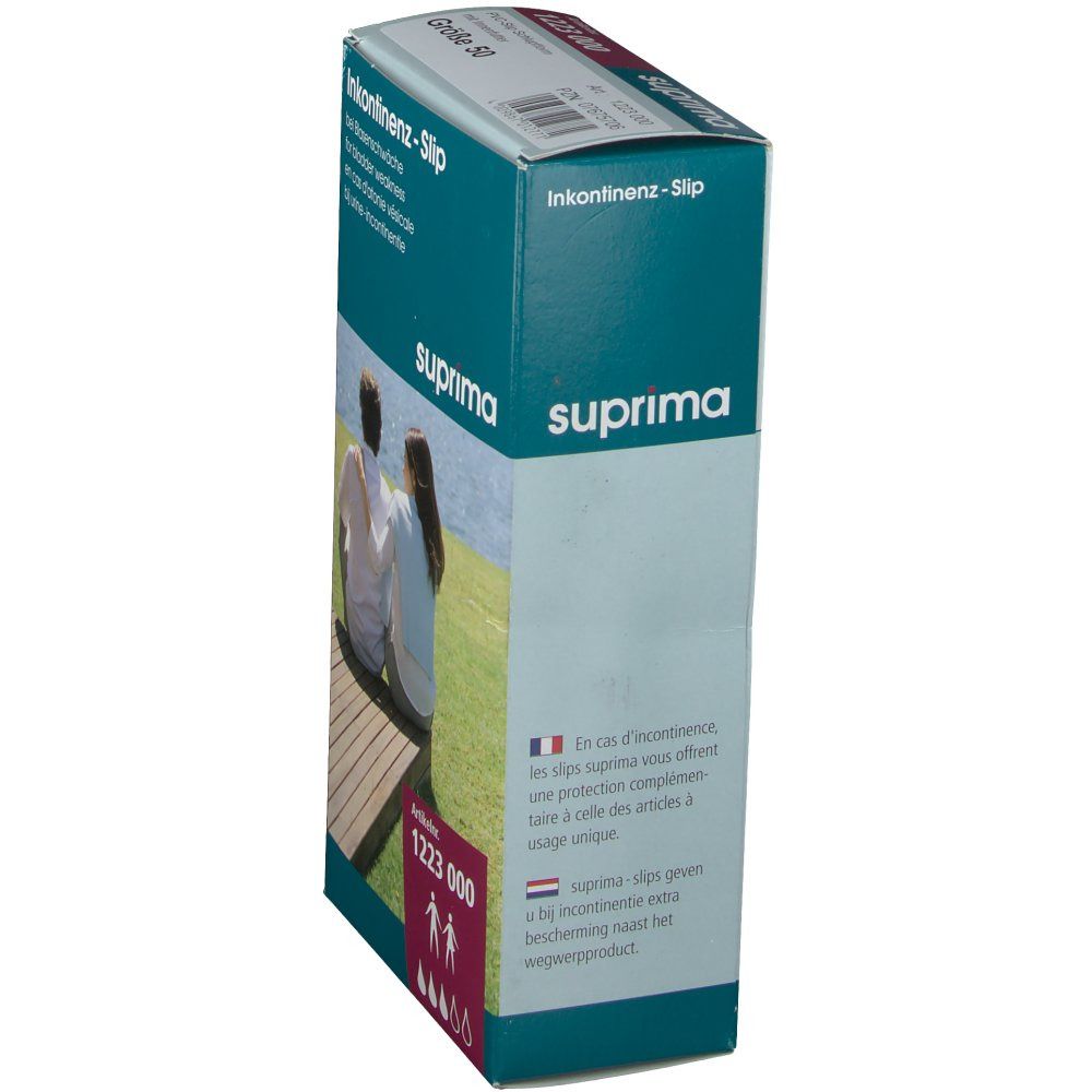 Seitenansicht der Verpackung mit Suprima Inkontinenz-Slip. Text: Inkontinenz-Slip, Artikelnummer 1223 000, Suprima Logo.