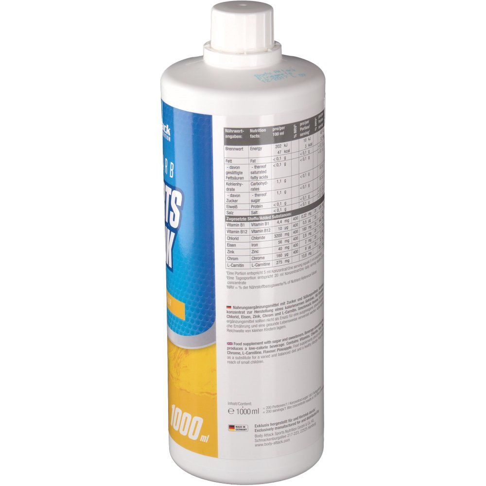 Weiße Flasche mit blau-gelbem Etikett. Rückseite mit Nährwertangaben und Inhaltsstoffen. 1000 ml.