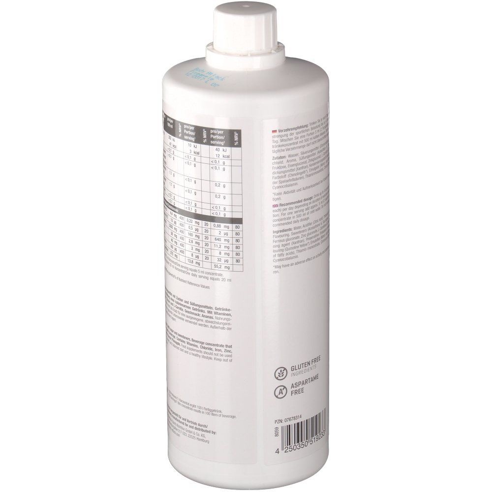 Weiße Flasche mit Nährwertangaben und Inhaltsstoffen. Glutenfrei und Aspartamfrei. Barcode.