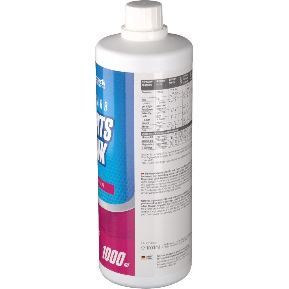 Weiße Flasche mit blau-rosa Etikett. Rückseite mit Nährwertangaben und Inhaltsstoffen. 1000 ml.