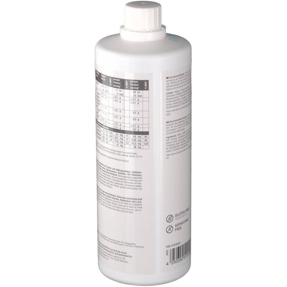 Weiße Flasche mit Etikett. Rückseite mit Nährwertangaben, Inhaltsstoffen und Zertifizierungen. 1000 ml.