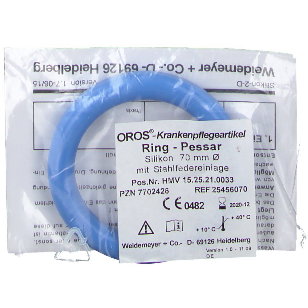 Blauer Ringpessar aus Silikon, 70 mm Durchmesser, in Verpackung. Mit CE-Kennzeichnung und Temperaturangaben.