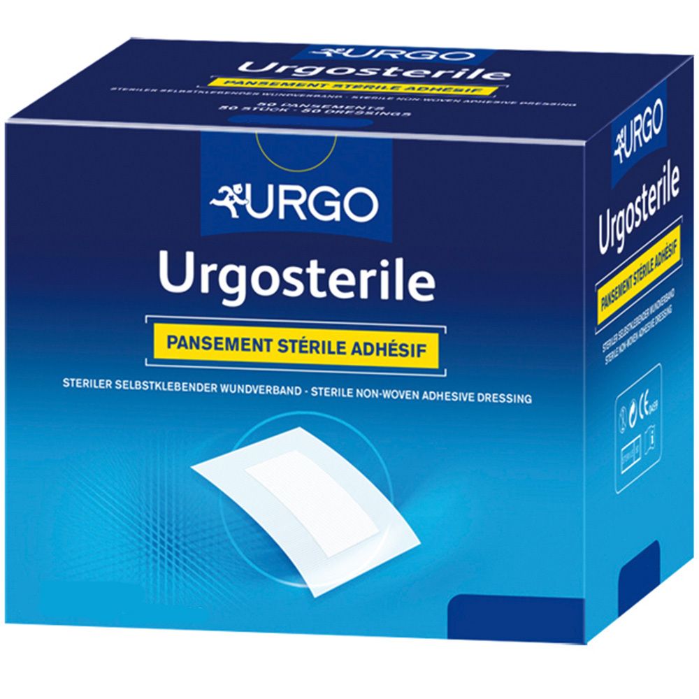 Urgosterile-Verpackung. Blaue Schachtel mit Produktnamen und einem Pflaster. Aufschrift: „Pansament Stérile Adhésif“.