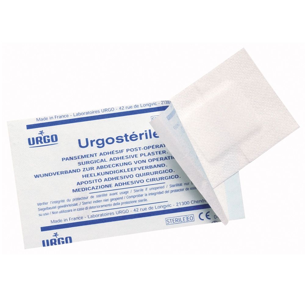 Urgosterile-Pflaster. Weißes, steriles Pflaster in einer Verpackung. Aufschrift: „Pansament Stérile Adhésif“.