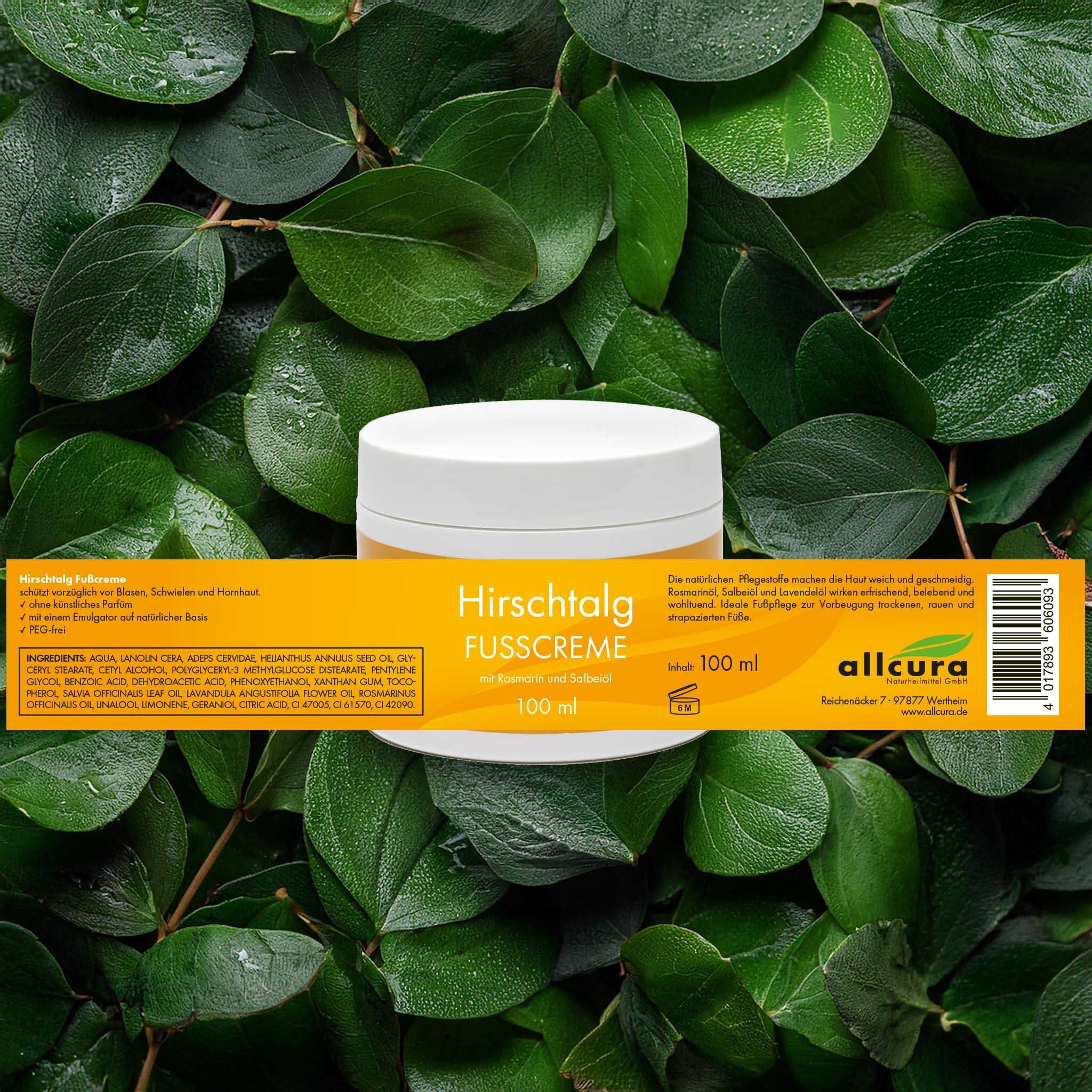 Produkt auf Blättern. Weißer Tiegel mit gelbem Etikett. Text: Hirschtalg Fusscreme. Text: 100 ml. allcura Logo.