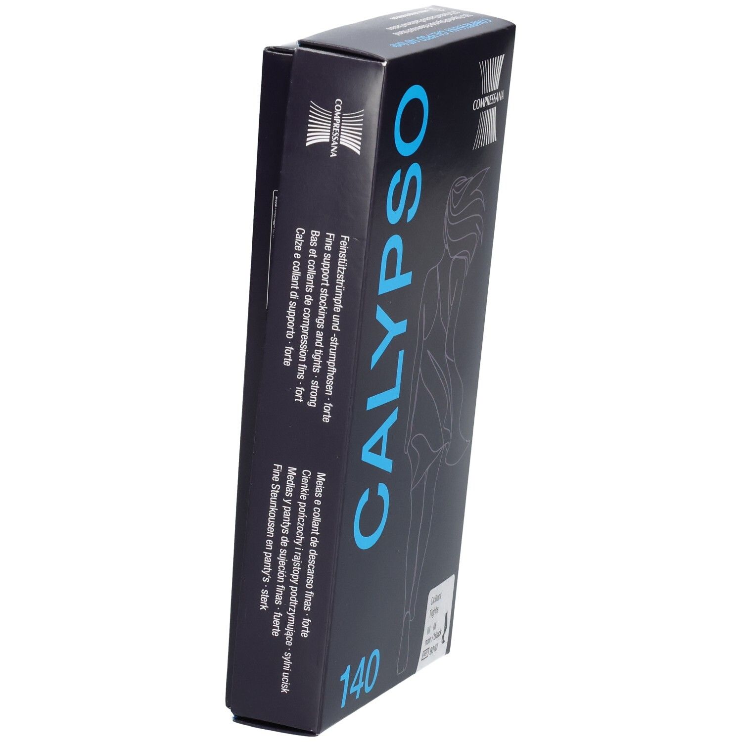 Schwarze Verpackung mit CALYPSO und 140. Illustration einer Frau. Marke COMPRESSANA. Feinstrumpfhose.