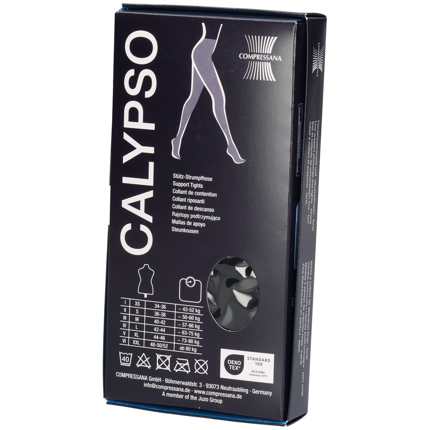 Schwarze Verpackung mit CALYPSO. Illustration von Beinen. Marke COMPRESSANA. Größenangaben. Öko-Tex Siegel.