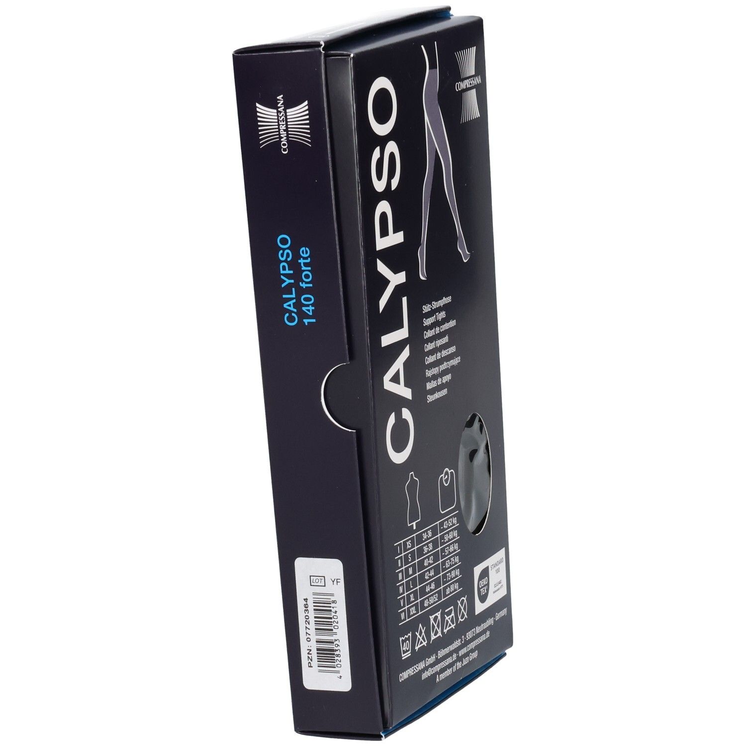 Schwarze Verpackung mit CALYPSO 140 forte. Illustration von Beinen. Marke COMPRESSANA. Größenangaben.