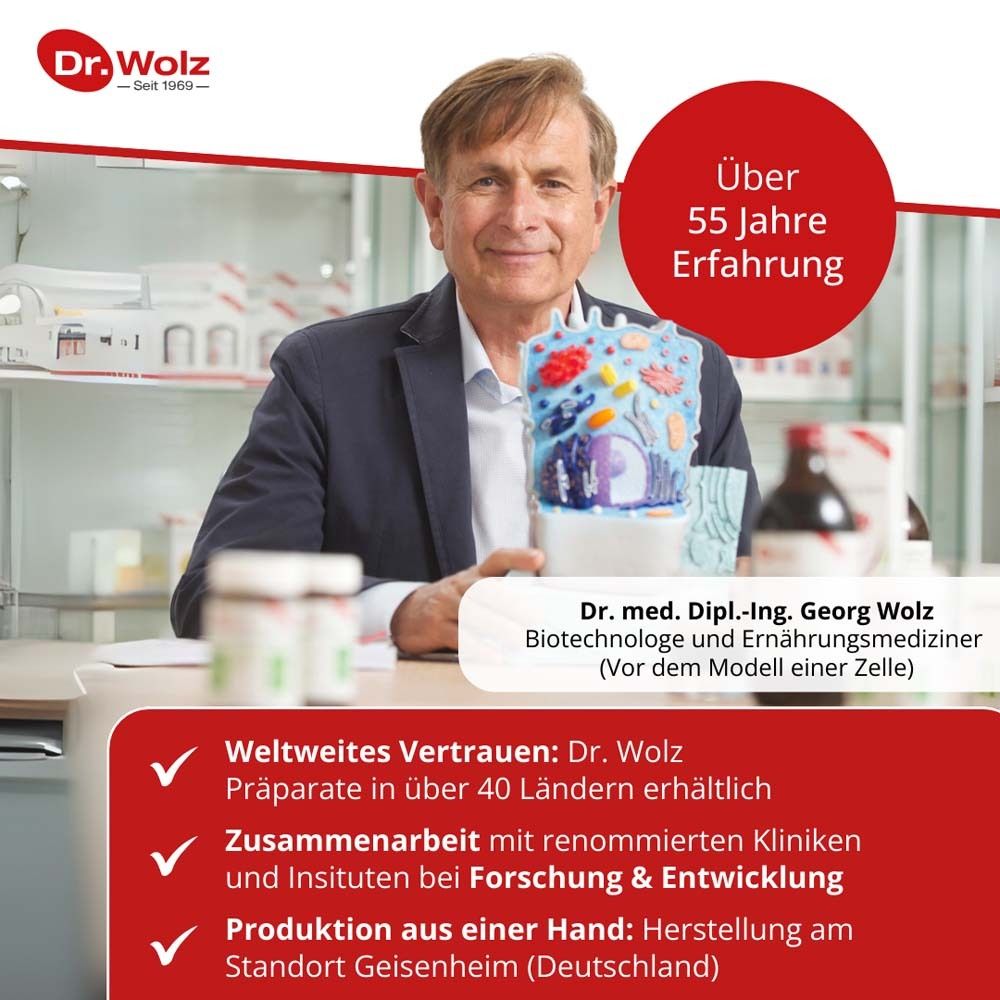 Mann mit Modell einer Zelle. Text: Über 55 Jahre Erfahrung. Weltweites Vertrauen.