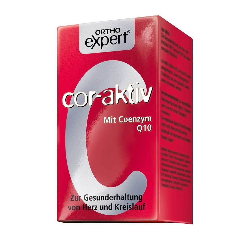 Rote Schachtel mit "Orthoexpert cor-aktiv". Enthält Coenzym Q10. Text: Zur Gesunderhaltung von Herz und Kreislauf.
