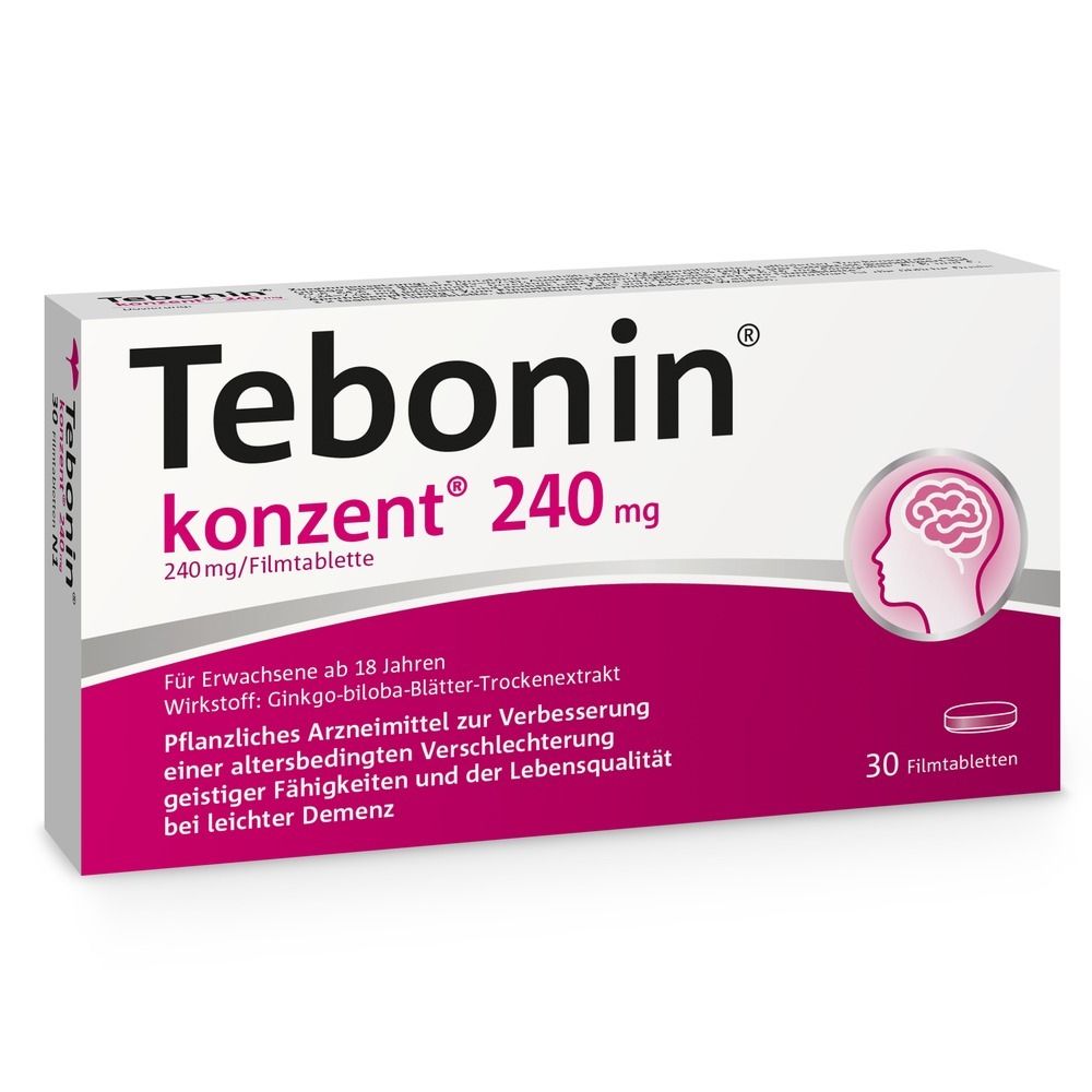 Schachtel mit Tebonin konzent 240 mg. Aufdruck: 30 Filmtabletten. Rosa und weiße Farbgebung.