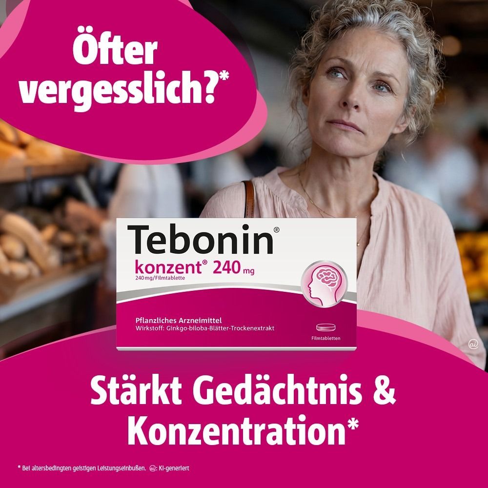 Frau mit Tebonin konzent 240 mg Packung. Text: Meine Nr.1 für Gedächtnis & Konzentration.