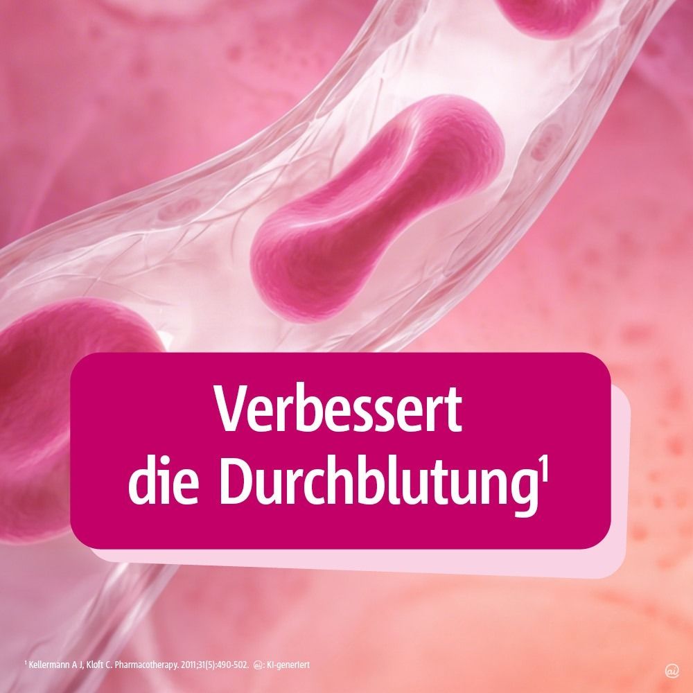 Grafik mit drei Punkten. Text: Verbessert die Durchblutung, fördert die Gehirnzellen, stärkt Gedächtnis.