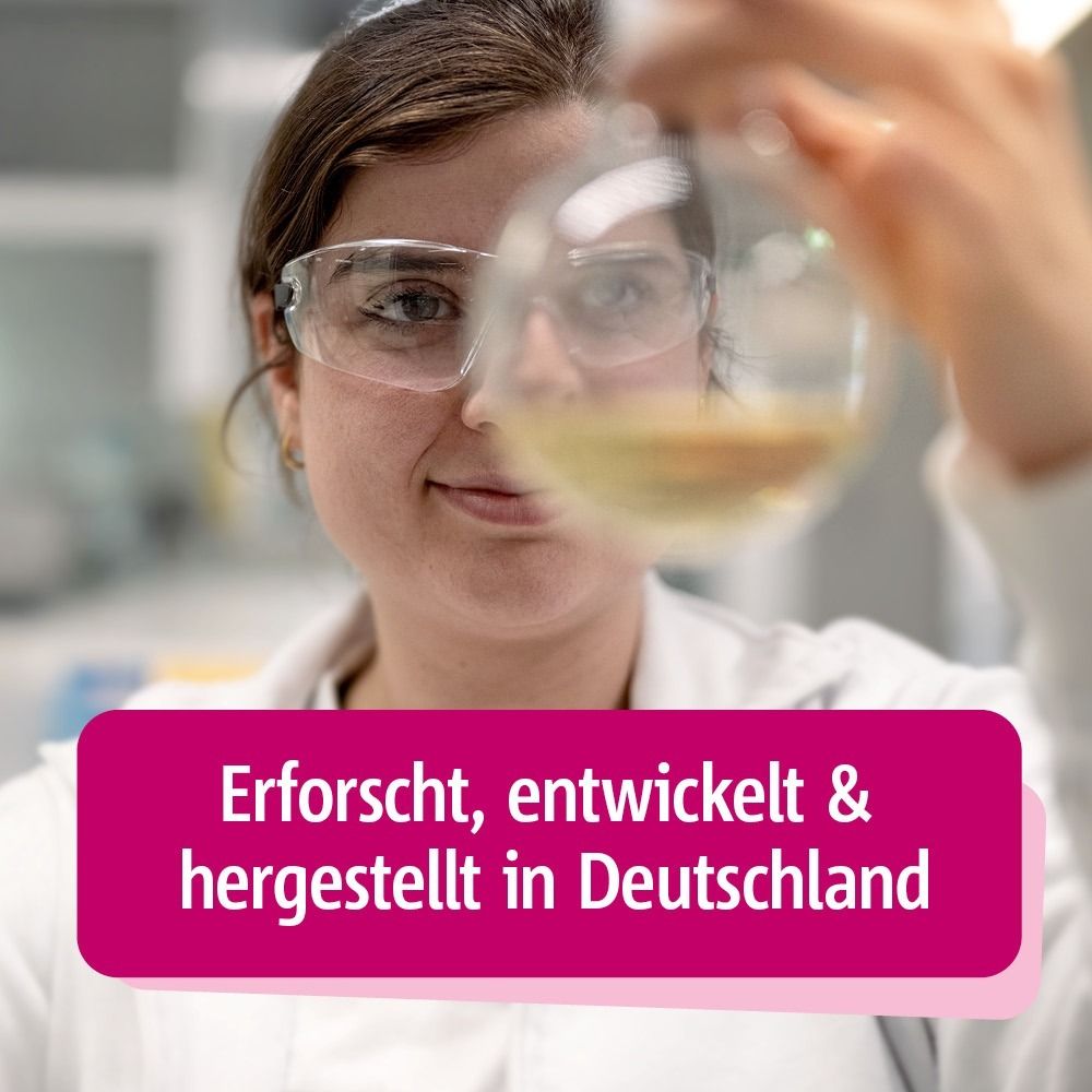 Abzeichen mit Stern. Text: Höchste Qualität. Erforscht, entwickelt & hergestellt in Deutschland.