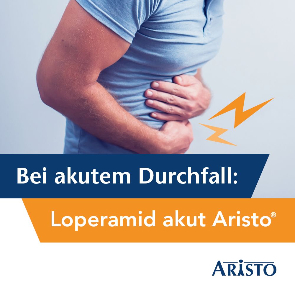 Werbung für Loperamid akut Aristo®. Text: Bei akutem Durchfall. Logo Aristo.