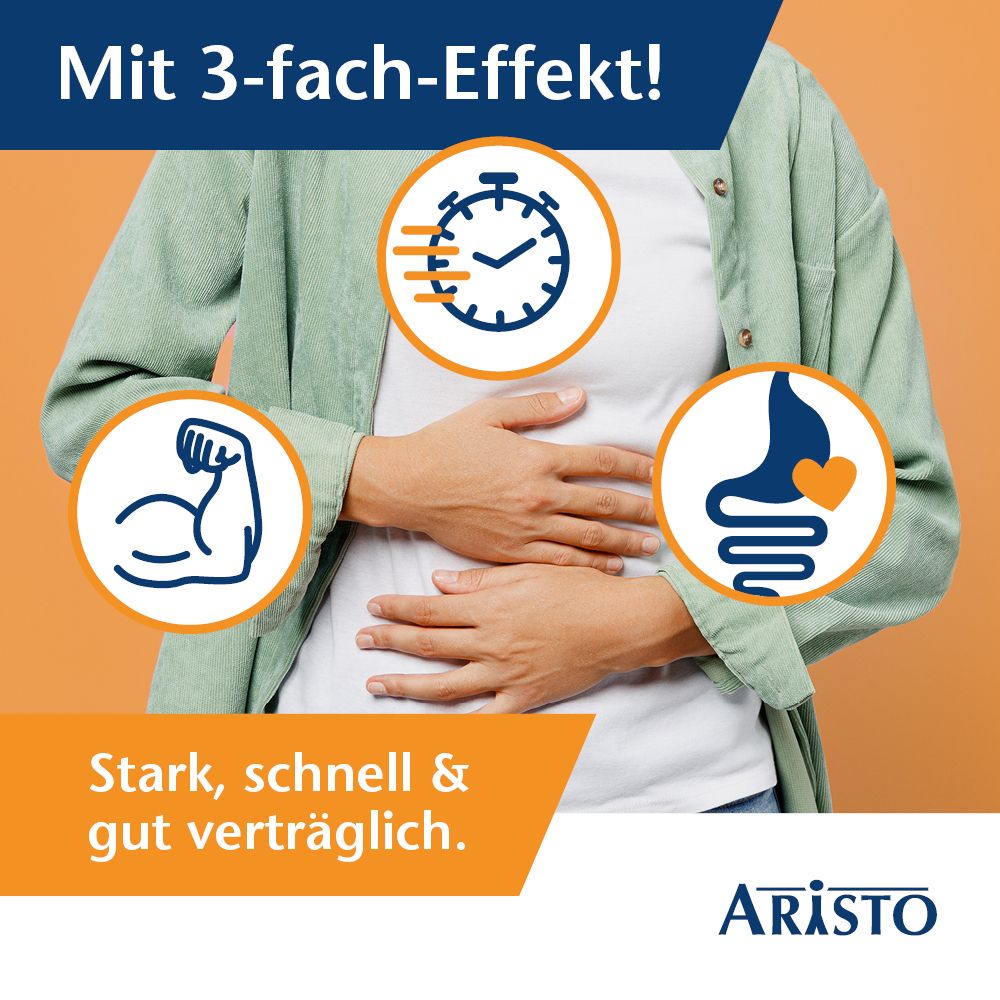 Werbung für Loperamid akut Aristo®. Grafiken: Muskel, Uhr, Magen. Text: Stark, schnell & gut verträglich. Logo Aristo.