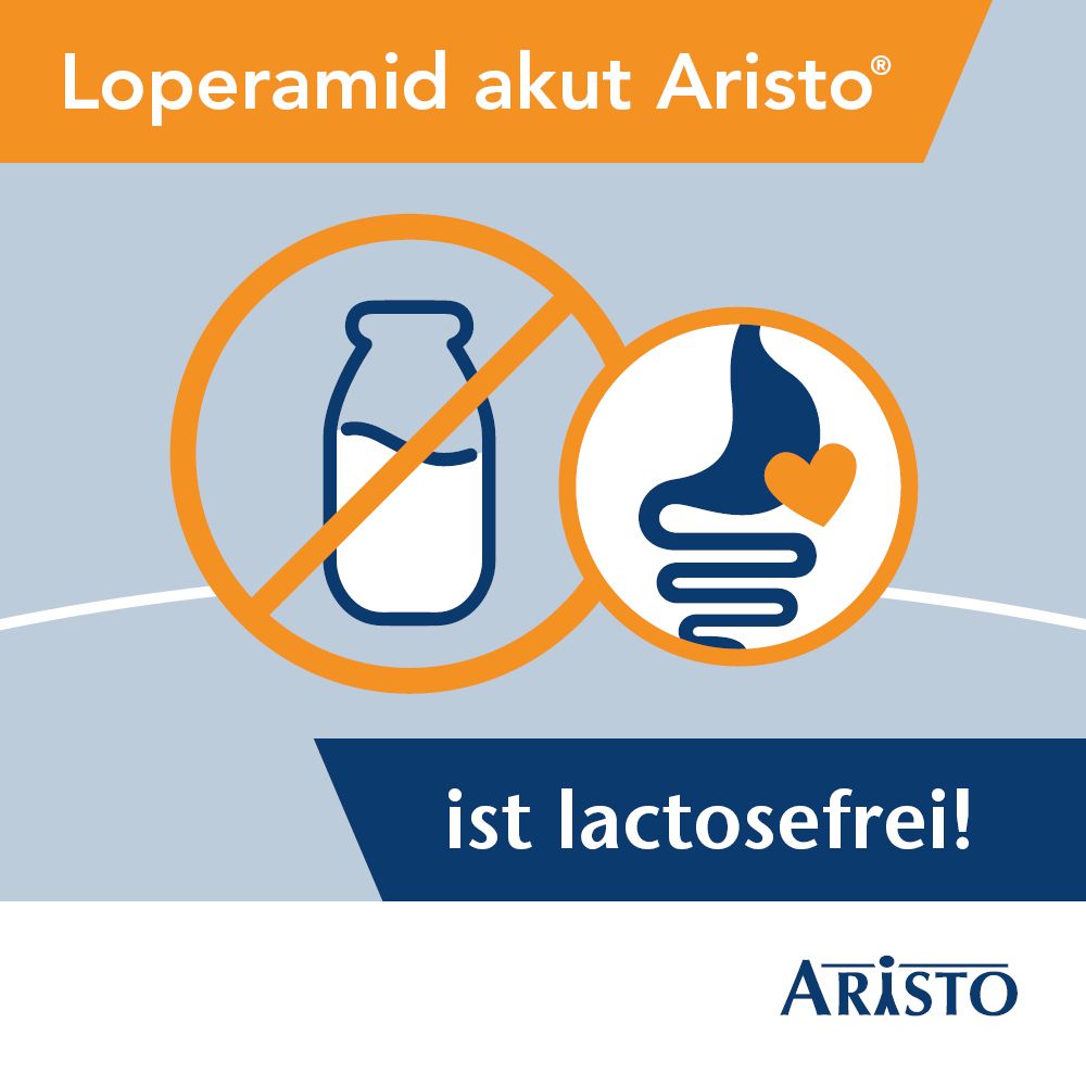 Werbung für Loperamid akut Aristo®. Grafik: Keine Milch. Text: ist lactosefrei! Logo Aristo.