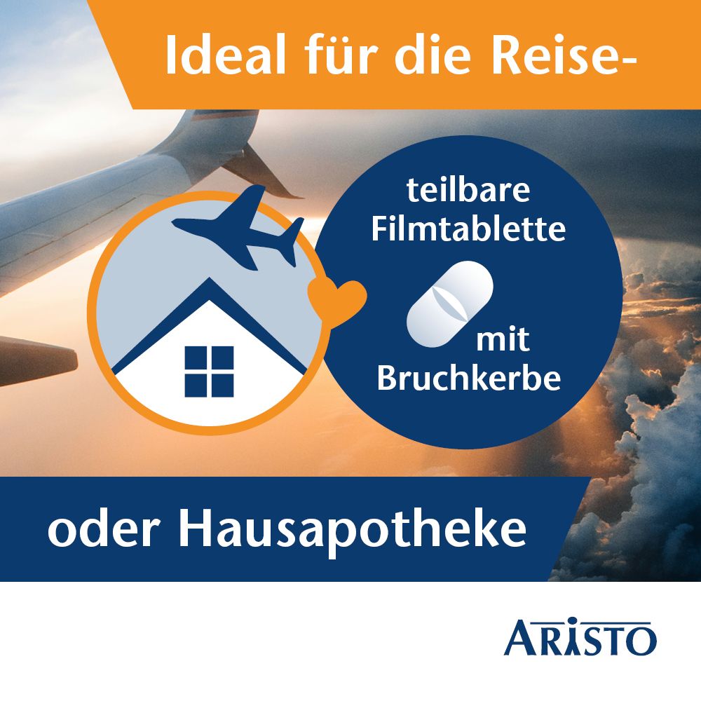 Werbung für Loperamid akut Aristo®. Grafiken: Flugzeug, Haus. Text: teilbare Filmtablette mit Bruchrille. Logo Aristo.