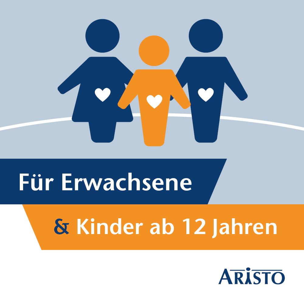 Werbung für Loperamid akut Aristo®. Grafiken: Familie. Text: Für Erwachsene & Kinder ab 12 Jahren. Logo Aristo.