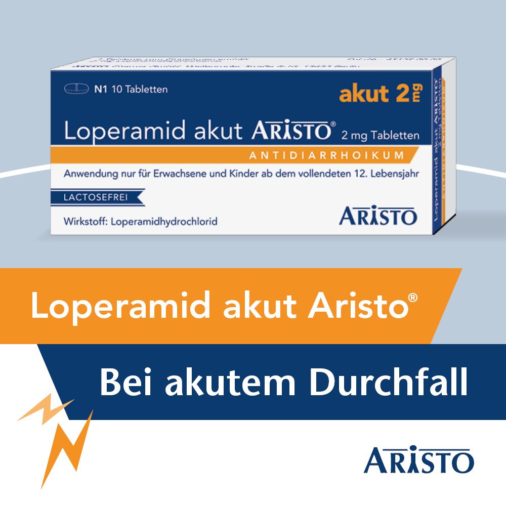 Schachtel mit Loperamid akut Aristo® Tabletten. Text: Antidiarrhoikum, laktosefrei. Logo Aristo. Text: Bei akutem Durchfall.