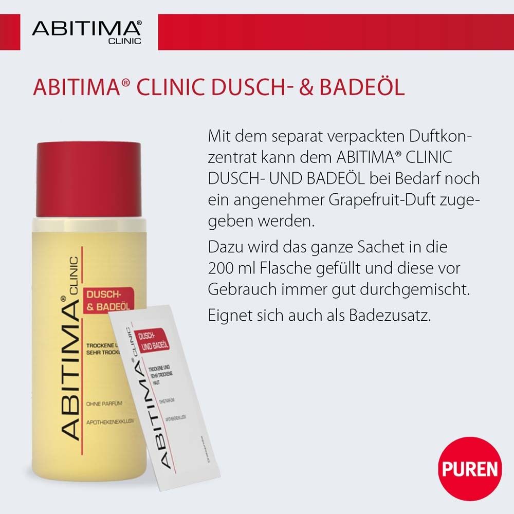 ABITIMA® CLINIC Dusch- & Badeöl. Flasche mit rotem Deckel und Beutel. Text: Grapefruit-Duft, 200 ml, als Badezusatz.