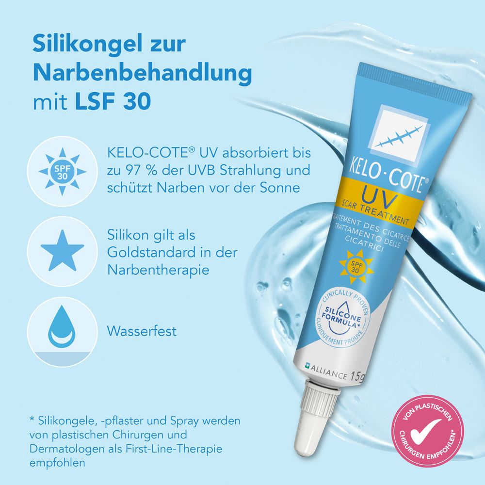 Kelo-cote UV Narbengel LSF 30. Tube mit Produktinformationen. SPF 30. Silikon-Formel. Wasserfest.