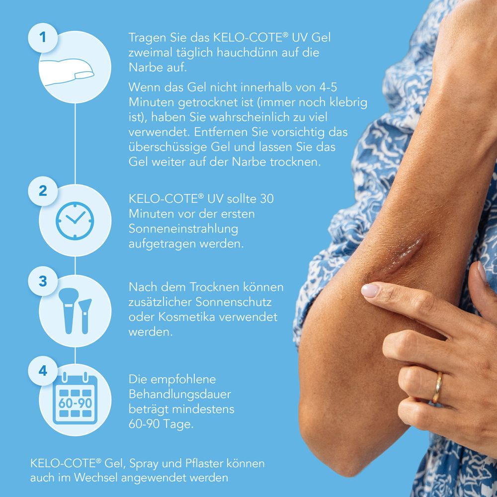 Anleitung zur Anwendung von Kelo-cote UV Gel. Schritte 1-4. Anwendungshinweise auf Arm. Empfohlene Behandlungsdauer 60-90 Tage.