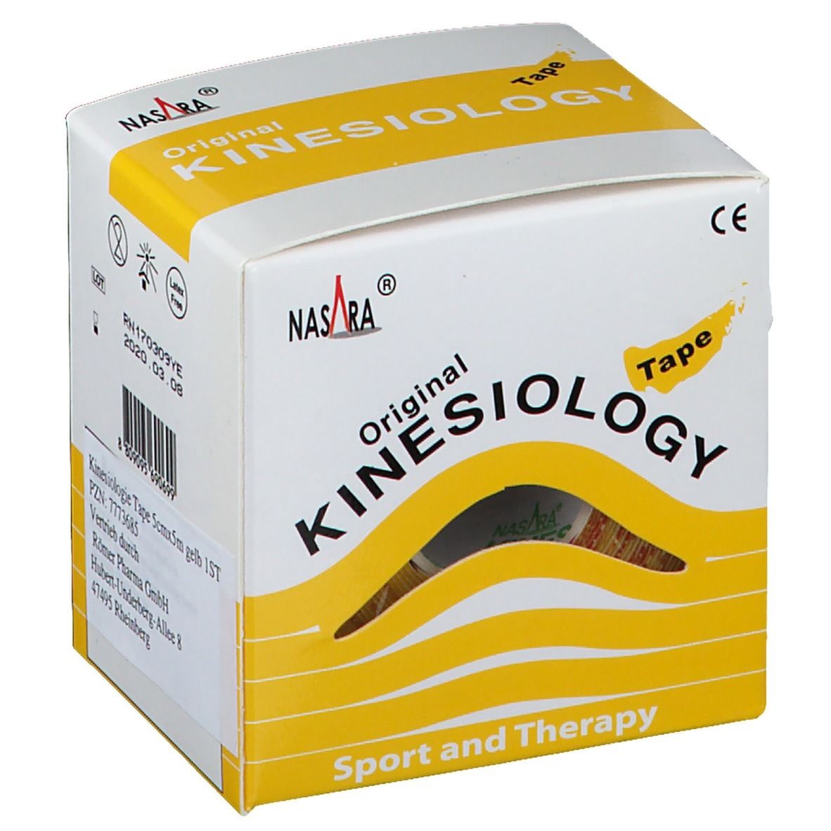 Kinesiologie Tape in gelber Verpackung. Aufdruck: Original Kinesiology Tape. Marke: NASARA. CE-Zeichen.