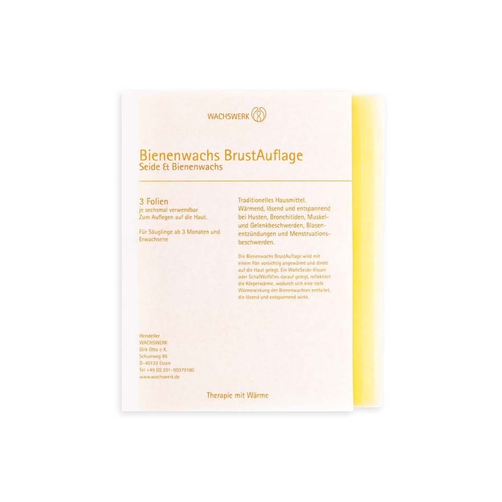 Produkt: Bienenwachs BrustAuflage. 3 Folien. Text auf weißem Hintergrund. Gelbe Folie sichtbar.
