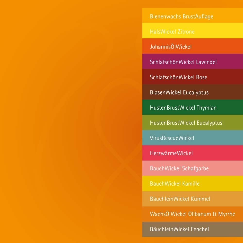 Liste verschiedener Produkte. Farbige Balken mit Produktnamen. Orangefarbener Hintergrund.