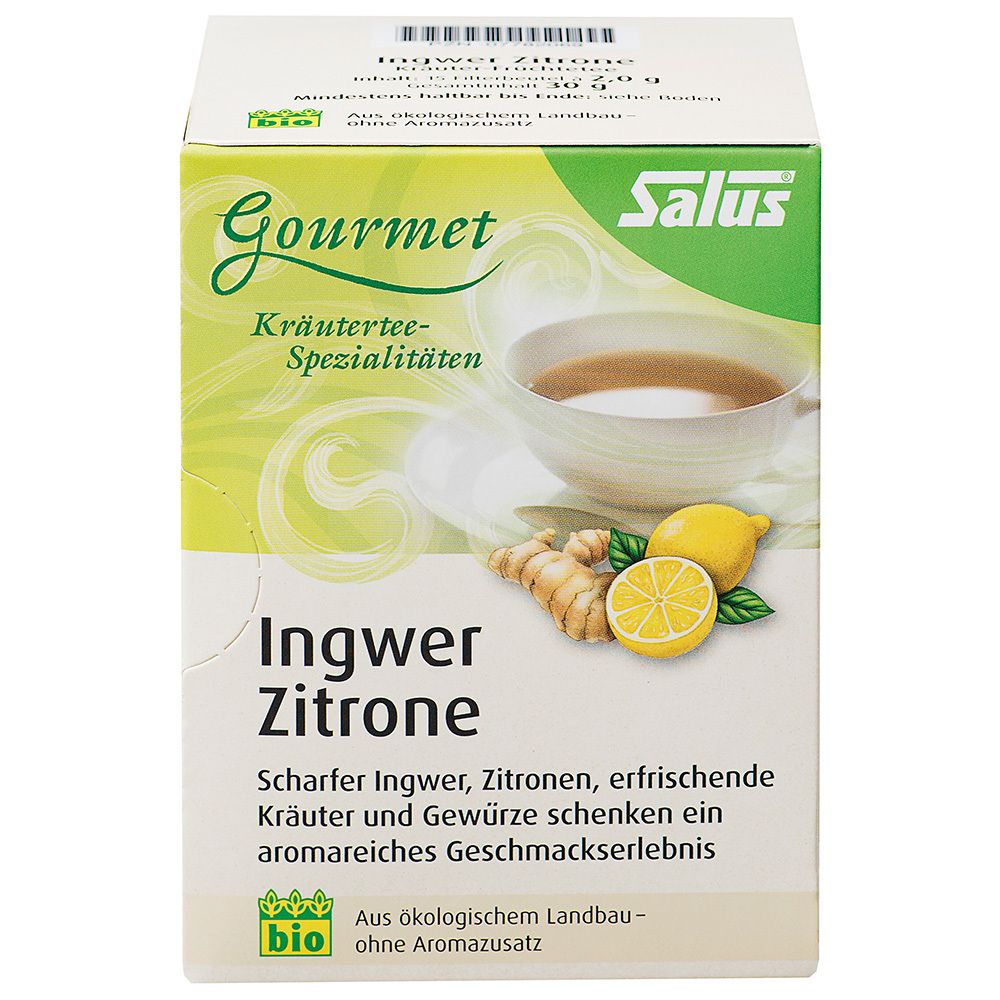 Karton mit Kräutertee-Spezialitäten. Aufdruck: Ingwer Zitrone, Bio-Siegel, Salus-Logo. Abbildung von Zitrone, Ingwer und Tasse Tee.