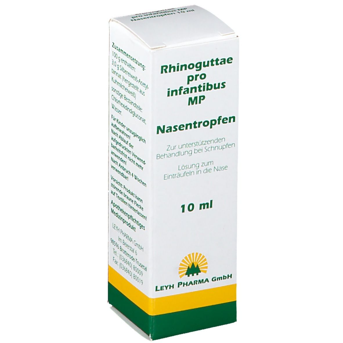 Weiß-grüne Faltschachtel mit Produktnamen und 10 ml Angabe. Enthält Nasentropfen für Säuglinge. Hersteller: Leyh Pharma GmbH.