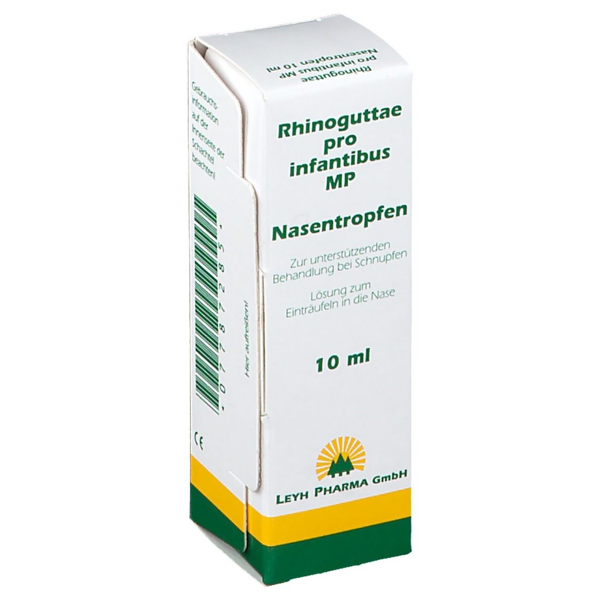 Faltschachtel mit Produktnamen und 10 ml Angabe. Enthält Nasentropfen für Säuglinge. Hersteller: Leyh Pharma GmbH.