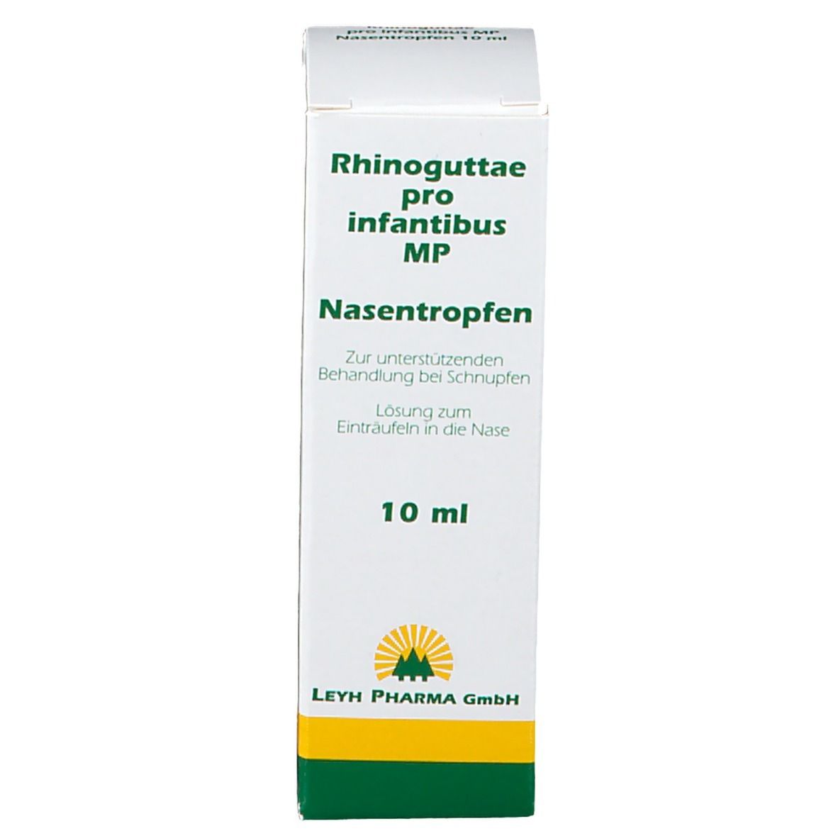 Faltschachtel mit Produktnamen und 10 ml Angabe. Enthält Nasentropfen für Säuglinge. Hersteller: Leyh Pharma GmbH.