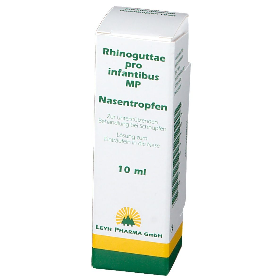 Faltschachtel mit Produktnamen und 10 ml Angabe. Enthält Nasentropfen für Säuglinge. Hersteller: Leyh Pharma GmbH.