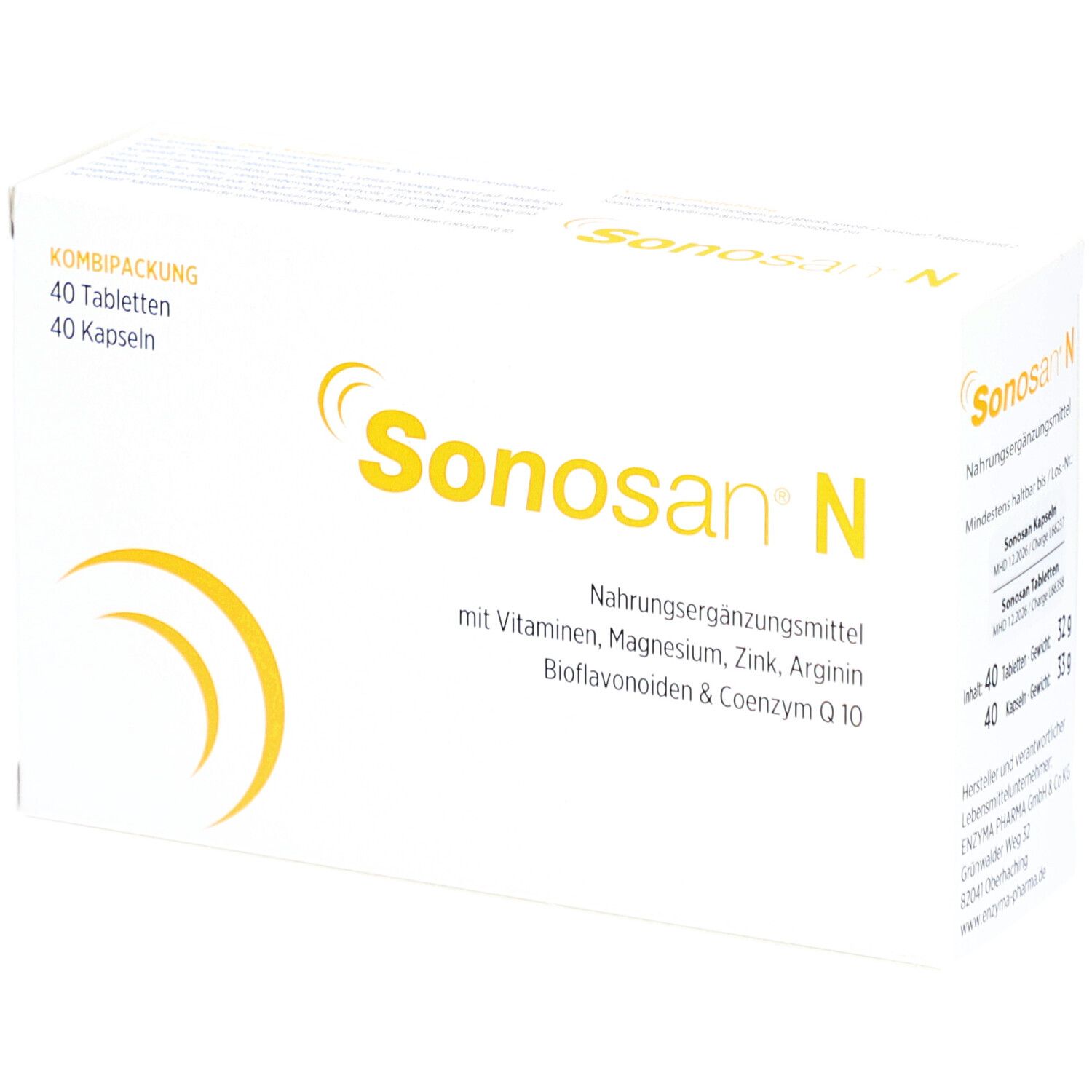 Sonosan® N-Verpackung. Weißer Karton mit gelbem Logo und Text. Enthält 40 Tabletten und 40 Kapseln.