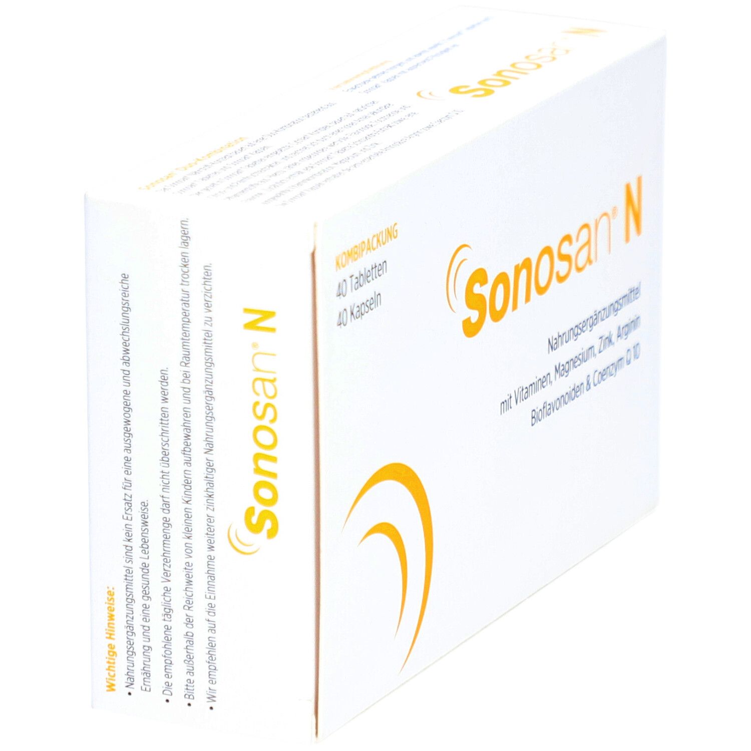 Sonosan® N-Verpackung. Weißer Karton mit gelbem Logo und Text. Enthält 40 Tabletten und 40 Kapseln.